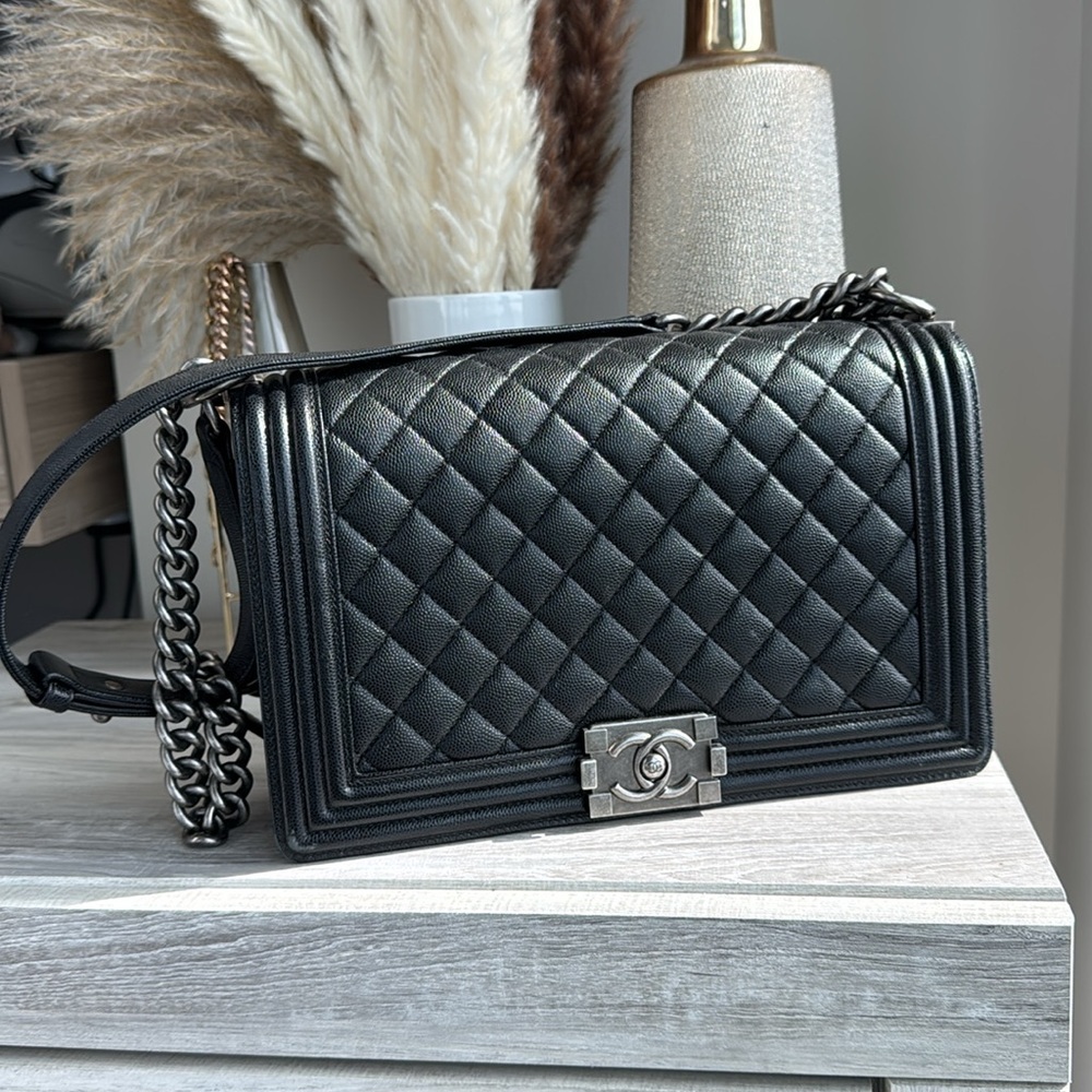 Chanel Boy Black Quilted Caviar Leather Shoulder Bag